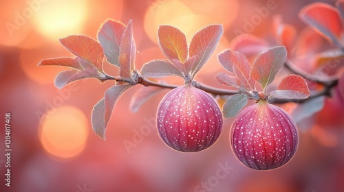 Autumnal figs on branch, soft golden light, blurred background photo