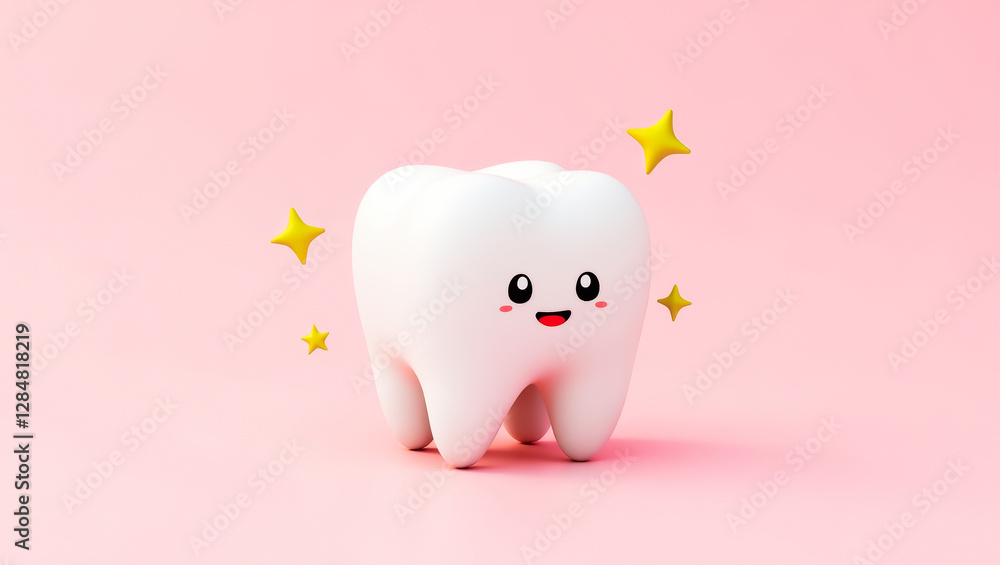 cheerful cartoon tooth 3d render on pink background