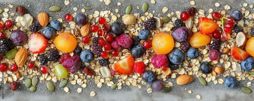 Vibrant assortment of fresh fruits and nuts on granola background