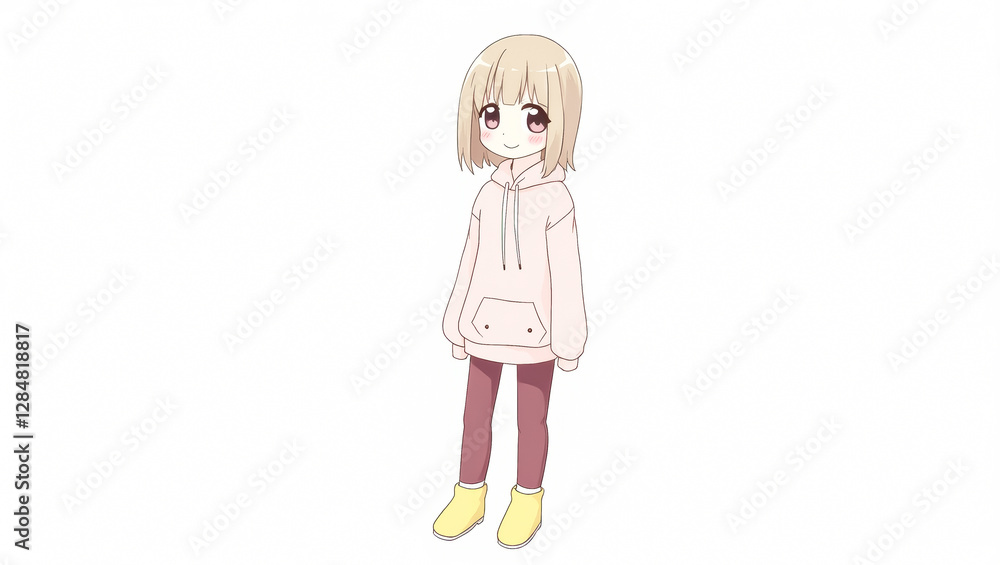 cheerful anime-style girl in a pink hoodie and yellow boots cheerful anime-style girl in a pink hoodie and yellow boots