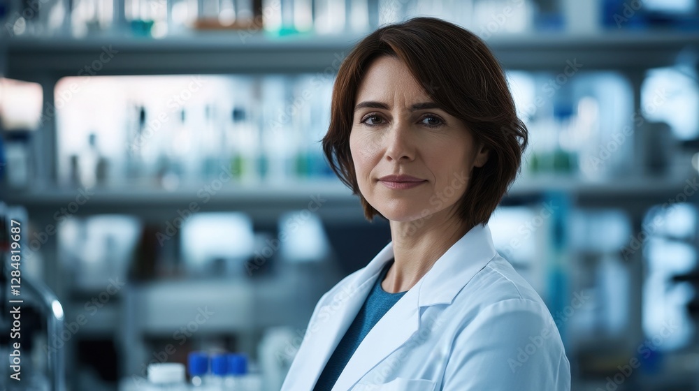 A portrait of a middle-aged European woman wearing a lab coat, standing confidently in a laboratory setting. She embodies professionalism and expertise. A portrait of a middle-aged European woman wearing a lab coat, standing confidently in a laboratory setting. She embodies professionalism and expertise.