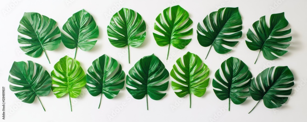 Naklejka premium Various green monstera leaves arranged in rows on white background