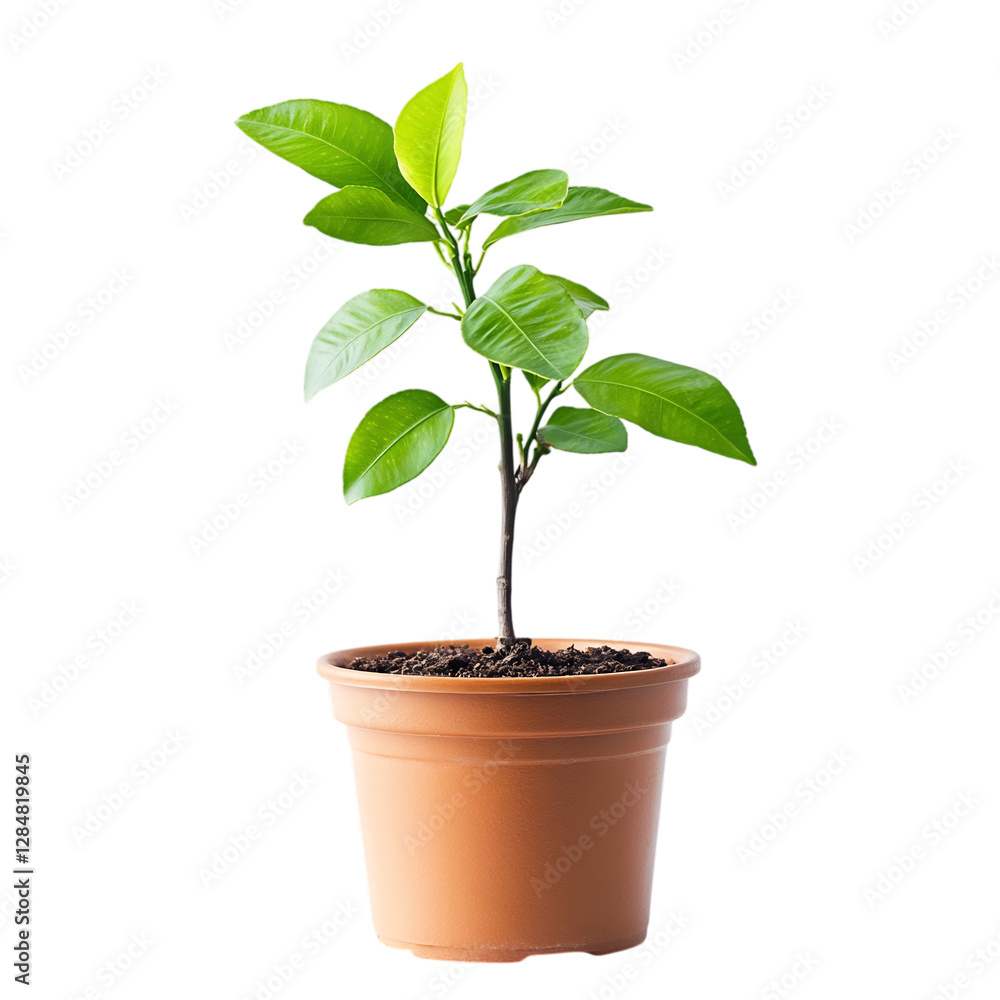A Small Potted Lemon Tree with Fresh Green Leaves Isolated on Transparent Background A Small Potted Lemon Tree with Fresh Green Leaves Isolated on Transparent Background