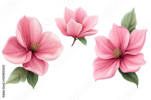 A collection of pink magnolia flowers with green leaves, ideal for floral designs.