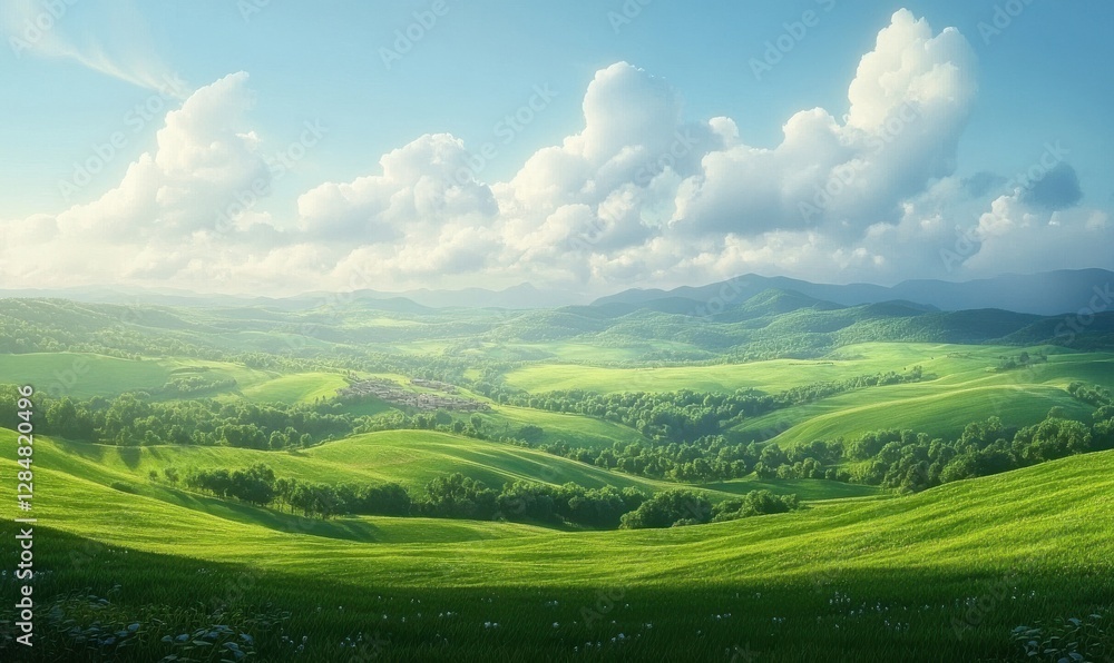 Scenic farmland with rolling green hills under a vibrant blue sky, with soft white clouds casting shadows. Bright tones evoke natural beauty, Scenic farmland with rolling green hills under a vibrant blue sky, with soft white clouds casting shadows. Bright tones evoke natural beauty,
