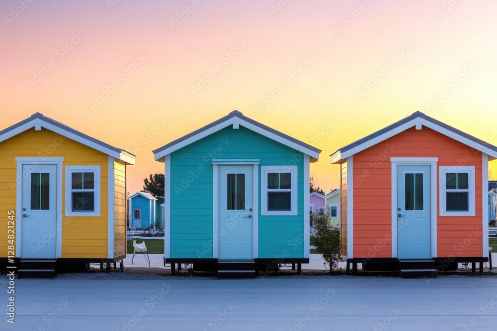 Three vibrant tiny houses in yellow, turquoise, and orange against a serene sunset sky. Three vibrant tiny houses in yellow, turquoise, and orange against a serene sunset sky.