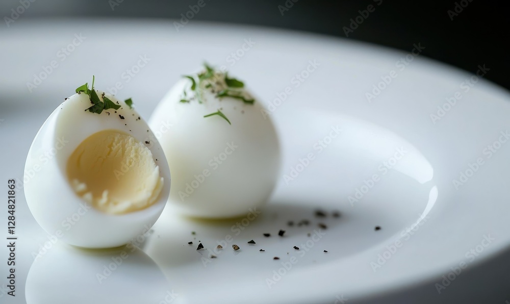 Perfectly boiled eggs sliced in half and garnished with fresh herbs, resting on a clean white plate, softly illuminated to highlight their creamy textures and rich flavors Perfectly boiled eggs sliced in half and garnished with fresh herbs, resting on a clean white plate, softly illuminated to highlight their creamy textures and rich flavors