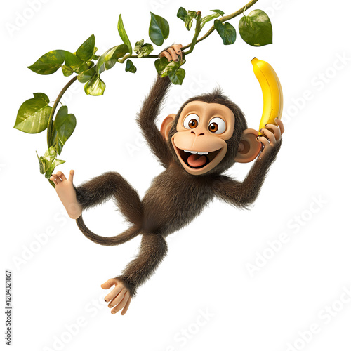 A Mischievous 3D Cartoon Monkey Hanging on a Branch Isolated on Transparent Background