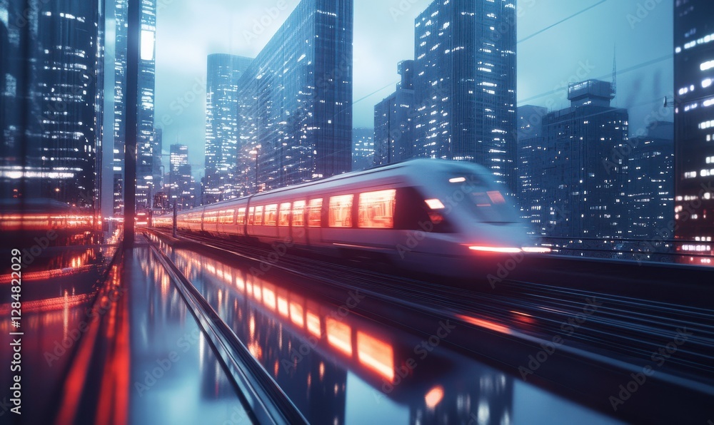 Obraz premium High-speed train racing through a modern urban landscape at dusk, with glowing city lights reflecting off the windows. Dynamic tones enhance motion,