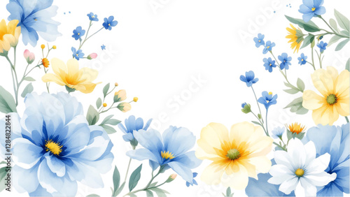 Delicate Spring Watercolor Illustration with Blue and Yellow Flowers