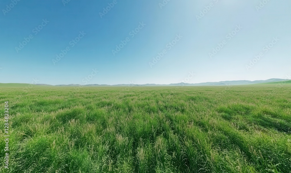 Lush green farm field with rows of vibrant crops stretching towards the horizon under bright clear blue skie Lush green farm field with rows of vibrant crops stretching towards the horizon under bright clear blue skie