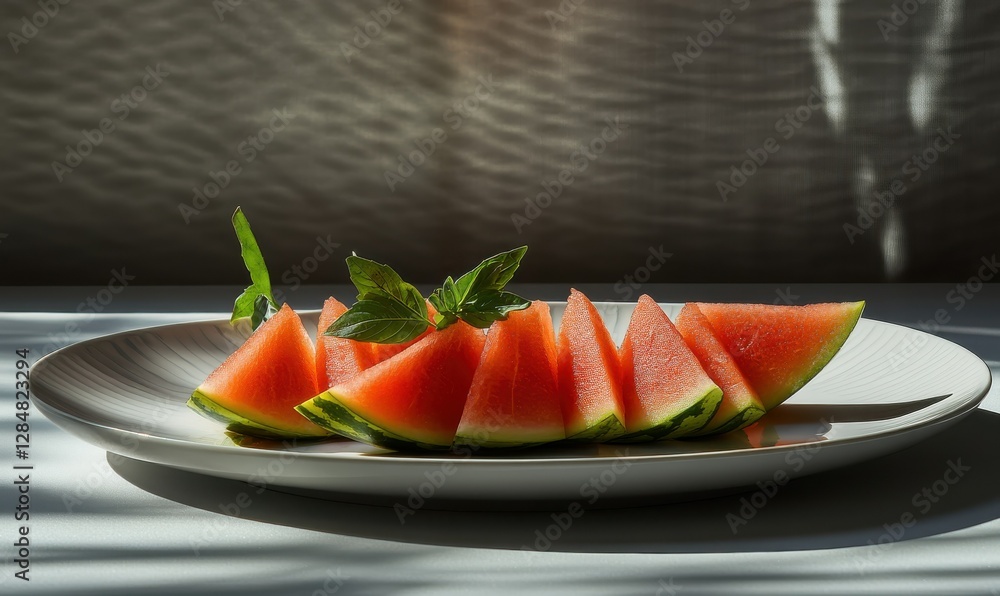 Playful display of freshly cut watermelon wedges arranged on a clean white plate illuminated by natural light, evoking freshness and summer vibes Playful display of freshly cut watermelon wedges arranged on a clean white plate illuminated by natural light, evoking freshness and summer vibes