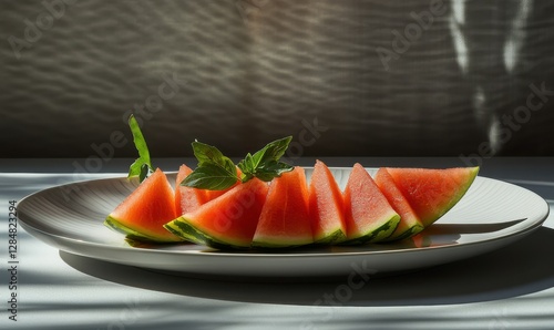 Playful display of freshly cut watermelon wedges arranged on a clean white plate illuminated by natural light, evoking freshness and summer vibes