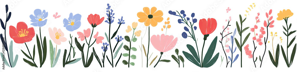A colorful illustration of various blooming flowers arranged in a decorative line. A colorful illustration of various blooming flowers arranged in a decorative line.