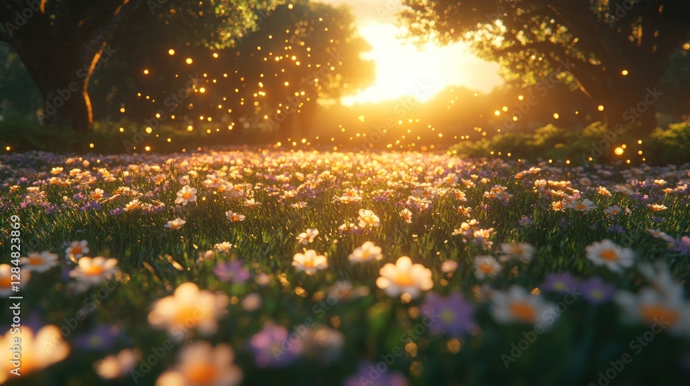 Fototapeta premium Sunset meadow wildflowers, fireflies, idyllic nature scene, digital art, background