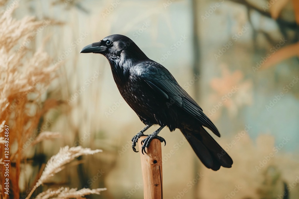 A black crow perched on a wooden pole. The bird is looking to the left. The scene is set in a field with tall grass A black crow perched on a wooden pole. The bird is looking to the left. The scene is set in a field with tall grass