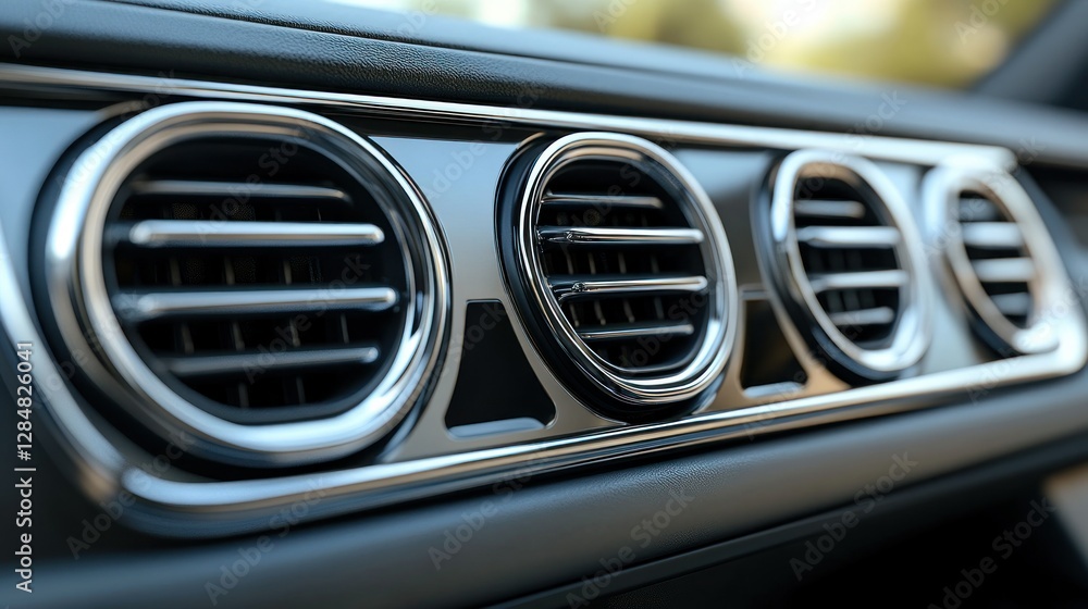 Car air vents, close-up view, modern interior, blurred trees in background Car air vents, close-up view, modern interior, blurred trees in background