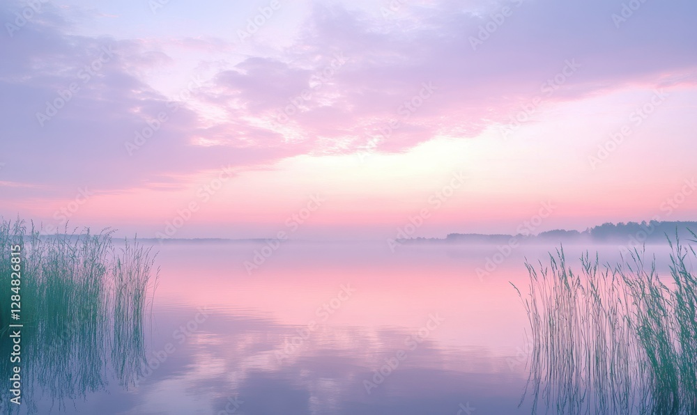 Fototapeta premium Scenic view of a peaceful lake at sunset, with soft pink and purple hues reflecting off the water, creating a serene and dreamy landscape,