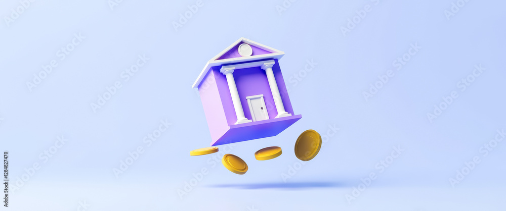 Obraz premium levitating purple bank building with orbiting golden coins