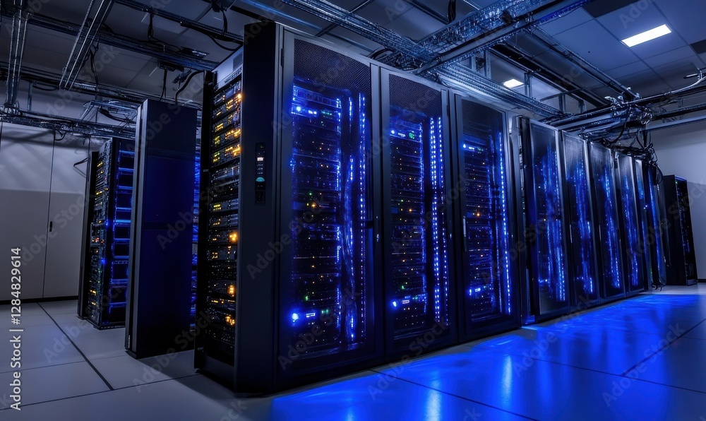 State-of-the-art data center with rows of glowing servers, cold blue lighting emphasizing the advanced technolog State-of-the-art data center with rows of glowing servers, cold blue lighting emphasizing the advanced technolog