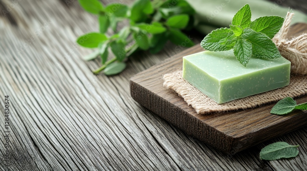 Handcrafted herbal soap bar on a rustic wooden board, showcasing organic ingredients and natural textures in a serene setting. Handcrafted herbal soap bar on a rustic wooden board, showcasing organic ingredients and natural textures in a serene setting.