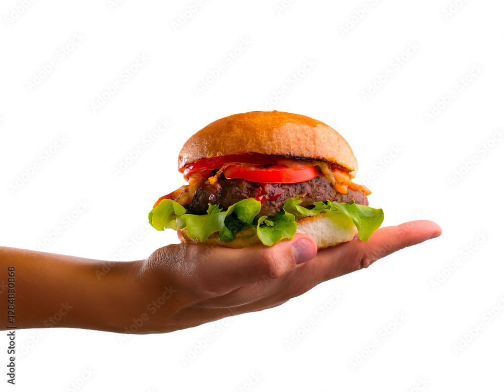 Hand holding a juicy cheeseburger with lettuce, tomato, and melted cheese, isolated PNG Hand holding a juicy cheeseburger with lettuce, tomato, and melted cheese, isolated PNG