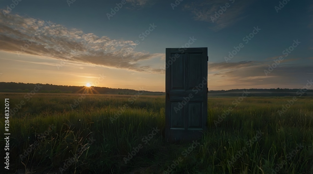 A mysterious door stands alone in a vast, grassy field at sunset, with the sun's golden rays peeking through, creating a serene and captivating landscape A mysterious door stands alone in a vast, grassy field at sunset, with the sun's golden rays peeking through, creating a serene and captivating landscape
