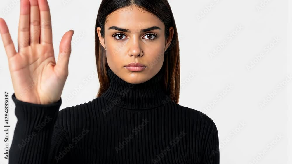 A Hispanic young woman stands confidently with her hand raised, signaling a stop, embodying strength and determination. A Hispanic young woman stands confidently with her hand raised, signaling a stop, embodying strength and determination.