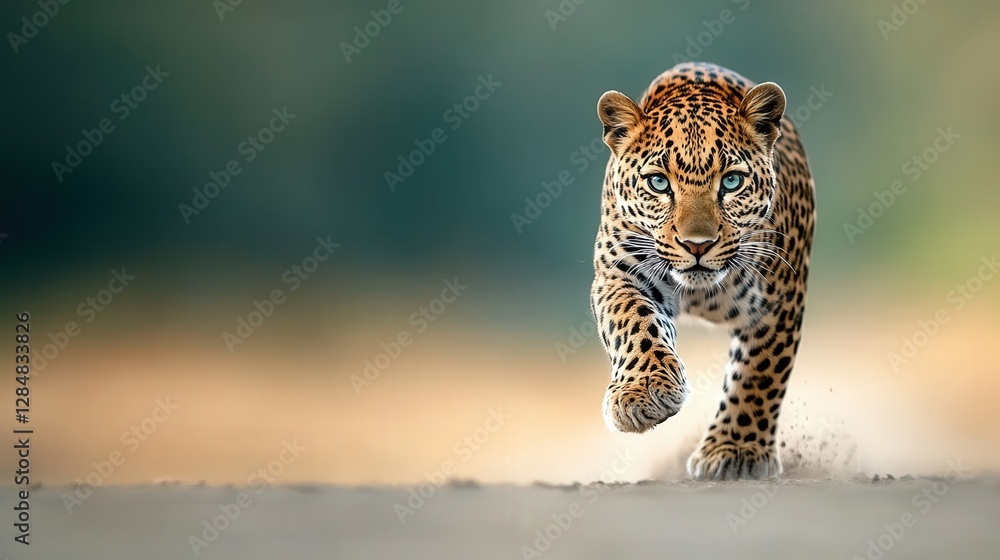 Fototapeta premium leopard jumping towards camera, wildlife 