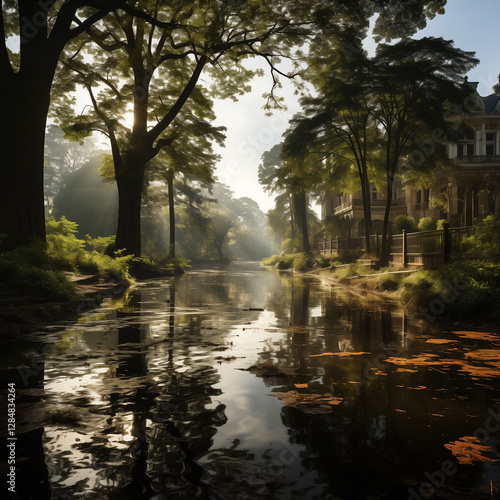 Misty morning sunlight on canal with historic mansion and tree reflections