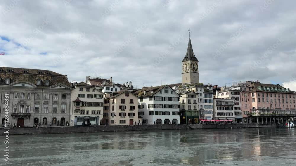 Zurich, Switzerland, Zurich city center with Clock tower of the St. Peter Church in Zurich, Switzerland Zurich, Switzerland, Zurich city center with Clock tower of the St. Peter Church in Zurich, Switzerland