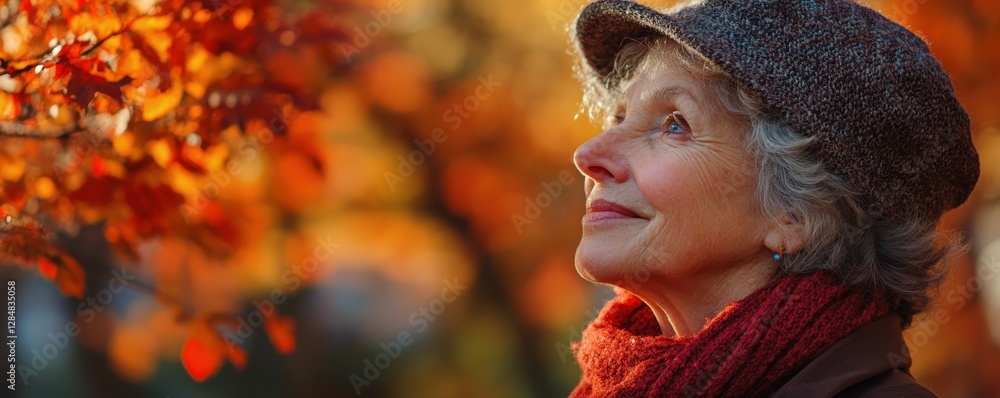 Elderly woman enjoying autumn leaves in a park, wearing wool hat and scarf Elderly woman enjoying autumn leaves in a park, wearing wool hat and scarf