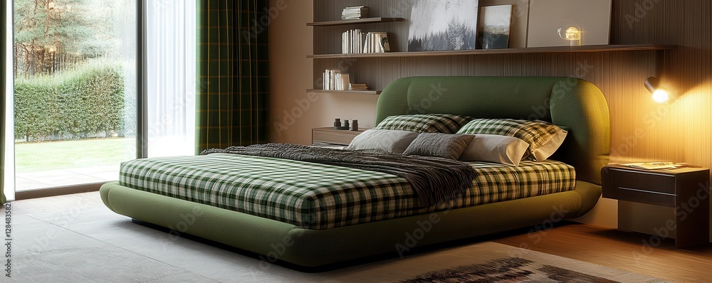 Fototapeta premium Cozy modern bedroom with green plaid bedspread and scenic window view