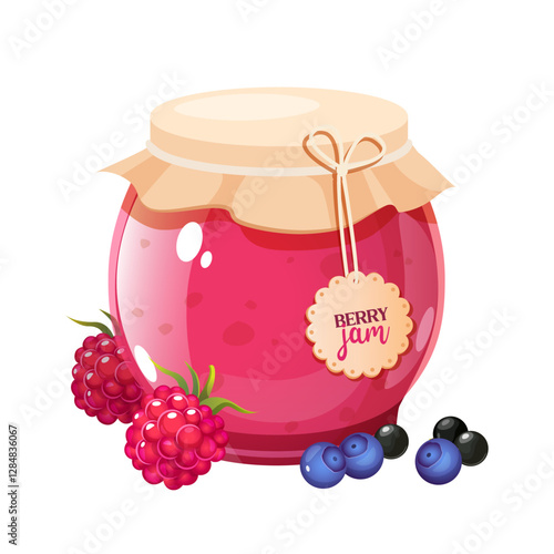 Berries jam in glass jar with raspberries, blueberry and blackcurrants near isolated on white background.	