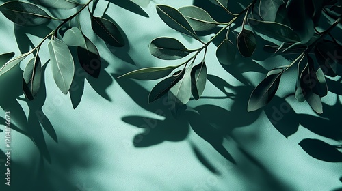 Green leaves with shadows on a soft blue-green background creating a calming atmosphere