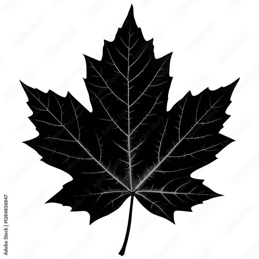 Fototapeta premium Black maple tree leaf silhouette on white background, minimalist style, monochrome