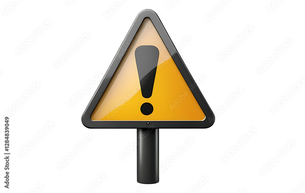 3D warning yellow sign with an exclamation mark isolated on a transparent or white background, png. 3D warning yellow sign with an exclamation mark isolated on a transparent or white background, png.