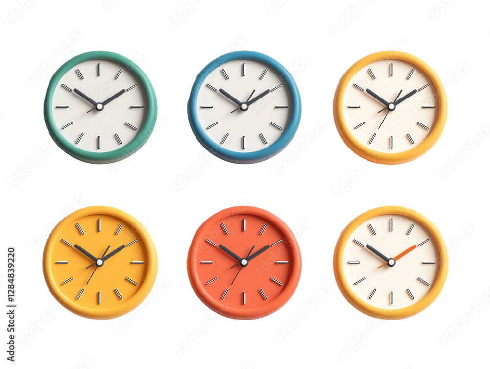 a collection of six clocks with different colored frames. a collection of six clocks with different colored frames.