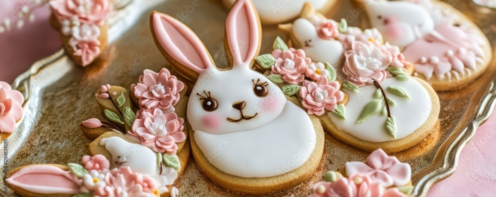 Decorative bunny cookies with pink flowers on tray Decorative bunny cookies with pink flowers on tray