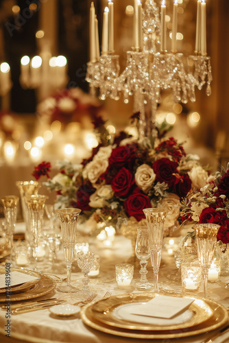 Extravagant wedding reception table with gold and white decor, crystal candelabras, fine plates, glassware, and a lush floral centerpiece in red