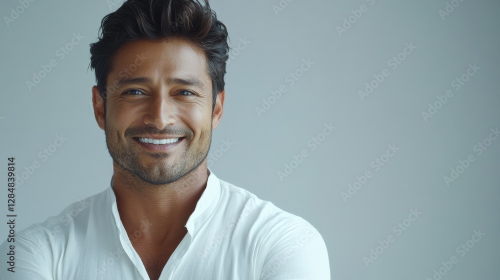 Fototapeta premium Smiling 30-year-old Indian man in casual attire, quarter view, isolated on white. Space for text.