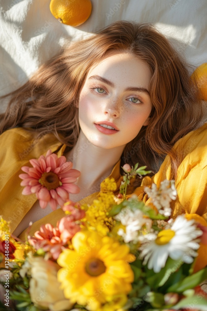 Young woman surrounded by vibrant flowers and fruits Young woman surrounded by vibrant flowers and fruits