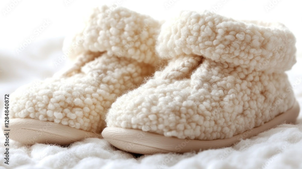 Cozy infant slippers on a white blanket; soft focus background Cozy infant slippers on a white blanket; soft focus background