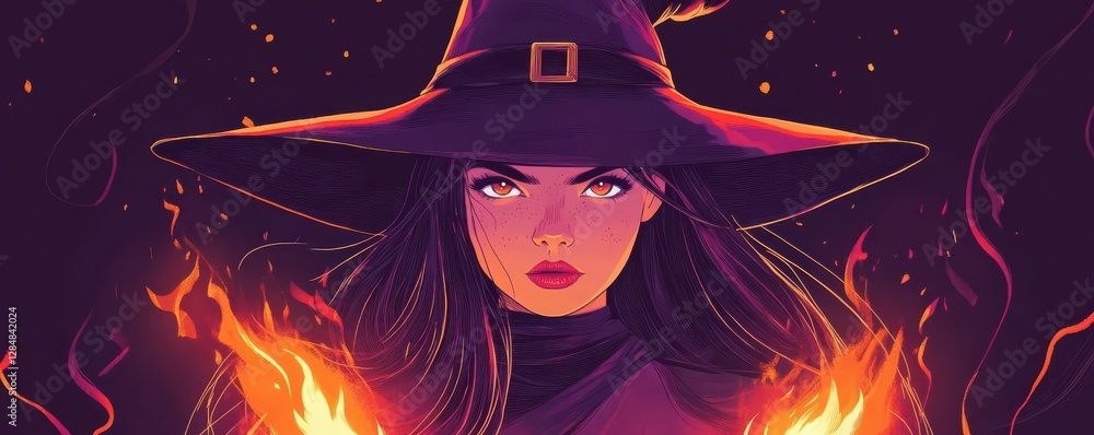 Fiery female witch with hat and glowing flame magic in the dark Fiery female witch with hat and glowing flame magic in the dark