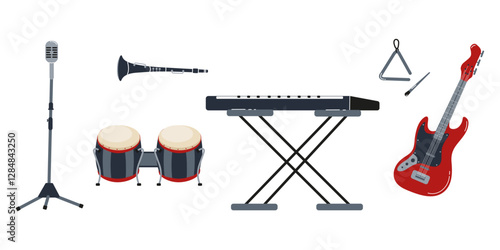 Musical instruments arranged creatively for a vibrant performance setup