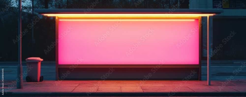 Neon lit bus stop at night with trash bin on quiet city street Neon lit bus stop at night with trash bin on quiet city street