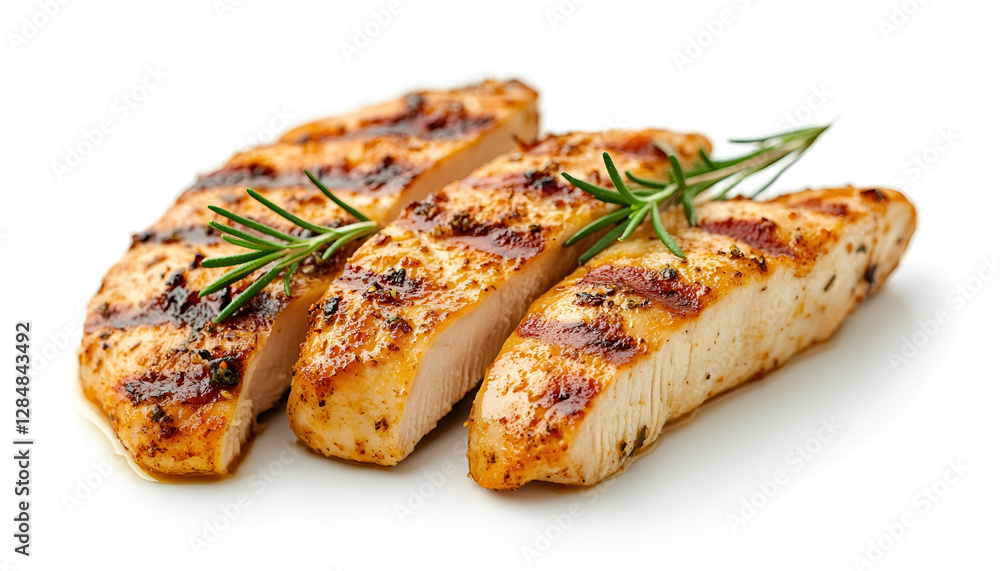 Grilled chicken breast. Sliced spicy roasted chicken fillet isolated on white background Grilled chicken breast. Sliced spicy roasted chicken fillet isolated on white background