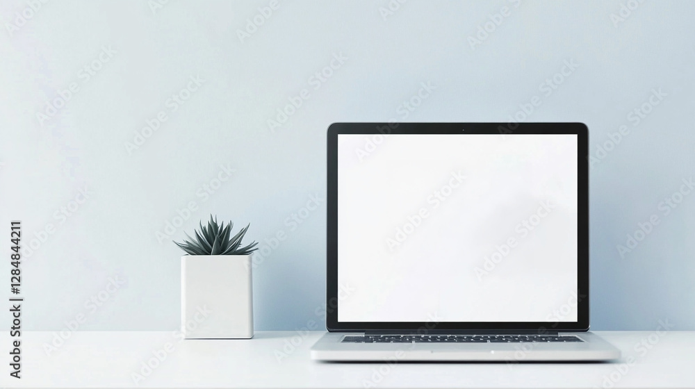 E-commerce growth and online business. Minimalist workspace featuring a laptop and a small plant on a clean surface. E-commerce growth and online business. Minimalist workspace featuring a laptop and a small plant on a clean surface.