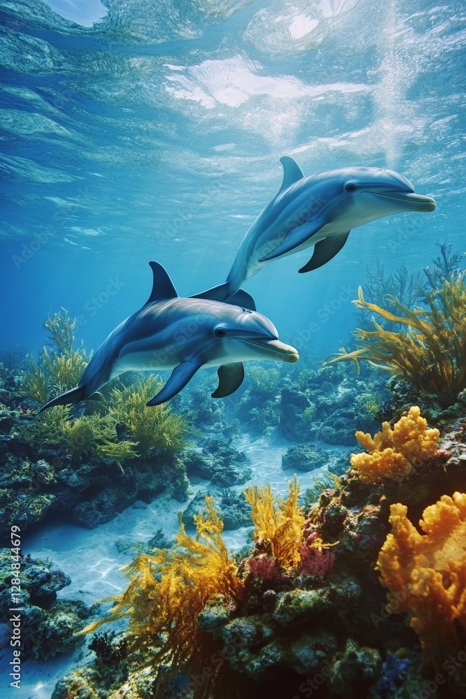 Fototapeta premium Dolphins swimming through a coral reef, their movements creating gentle currents that stir the vibrant underwater flora,