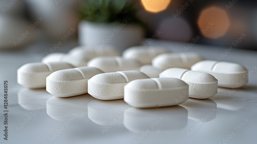 pristine white oblong pills on a minimalist white background, symbolizing modern medicine, health, and well-being pristine white oblong pills on a minimalist white background, symbolizing modern medicine, health, and well-being